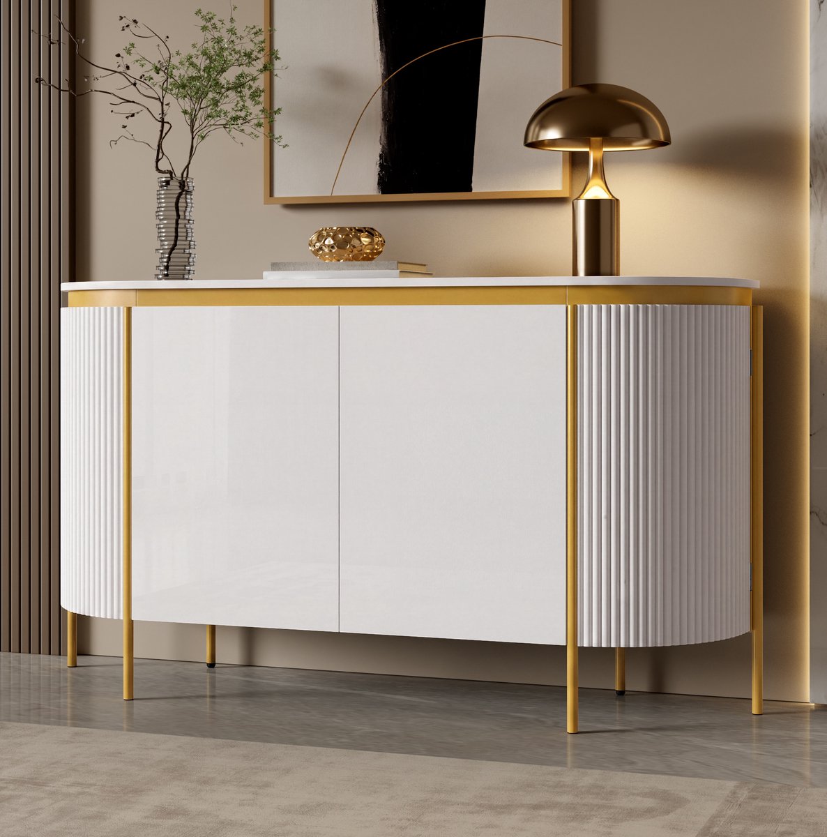 STILVORA Dressoir - Ovale Vorm Met Vier Deuren En Kabeldoorvoer - Voor Woonkamer En Hal - MDF Met Metalen Poten - 140x38x80 Cm - Wit
