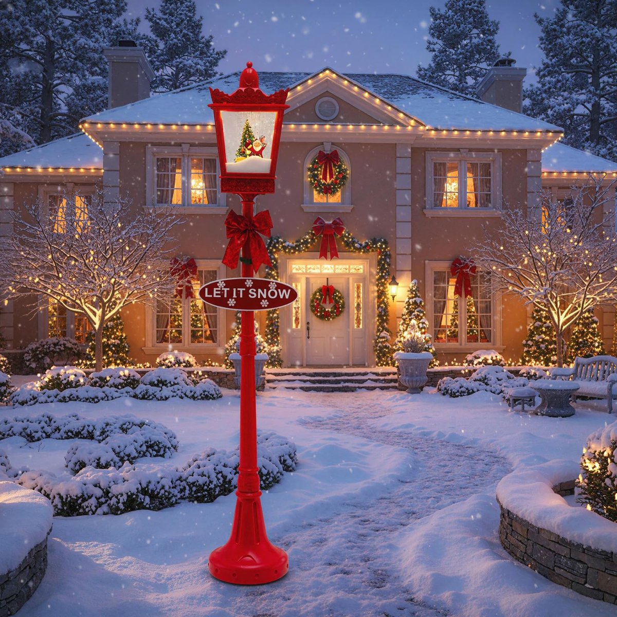 COSTWAY 185 cm kerstlantaarn, straatlantaarn met warmwitte ledverlichting, sneeuweffect, kerstman en muziek – kerstdecoratie voor huis, tuin en veranda – foto 2