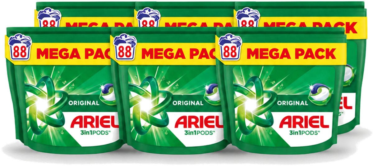 6 x Ariel - 3in1 Wasmiddel Pods - Original - 88 Pods - Voordeelverpakking - 6 stuks