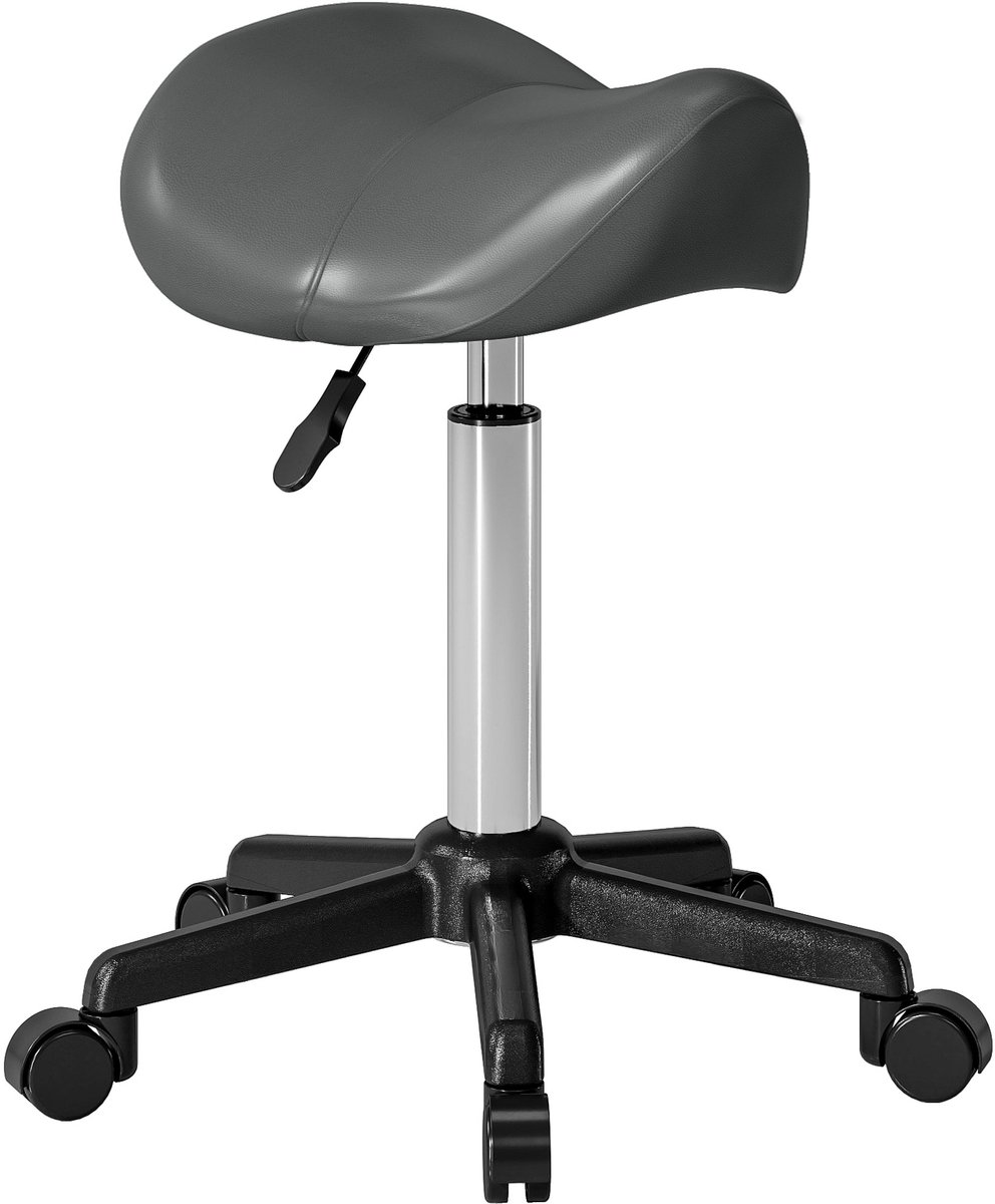 Zadelkruk - in hoogte verstelbaar 45-57 cm, 360° draaibaar, op wielen, zadelzitting, grijs, voor massageruimte
