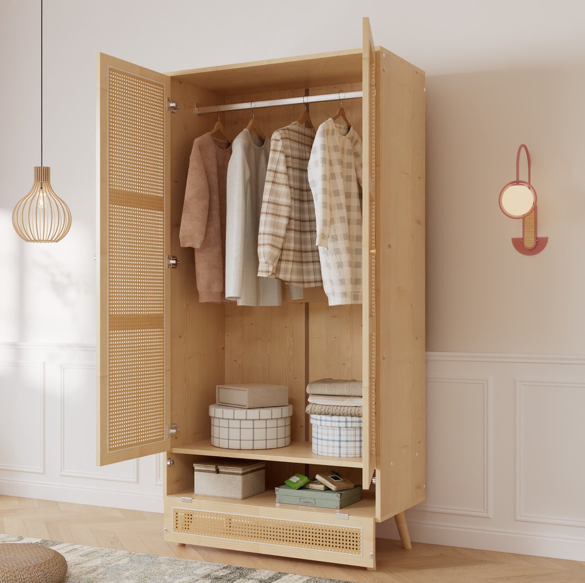 WUVRIE Kledingkast 90x45x183 cm - 2 deuren, kledingstang en opklapbaar ondervak - Naturel