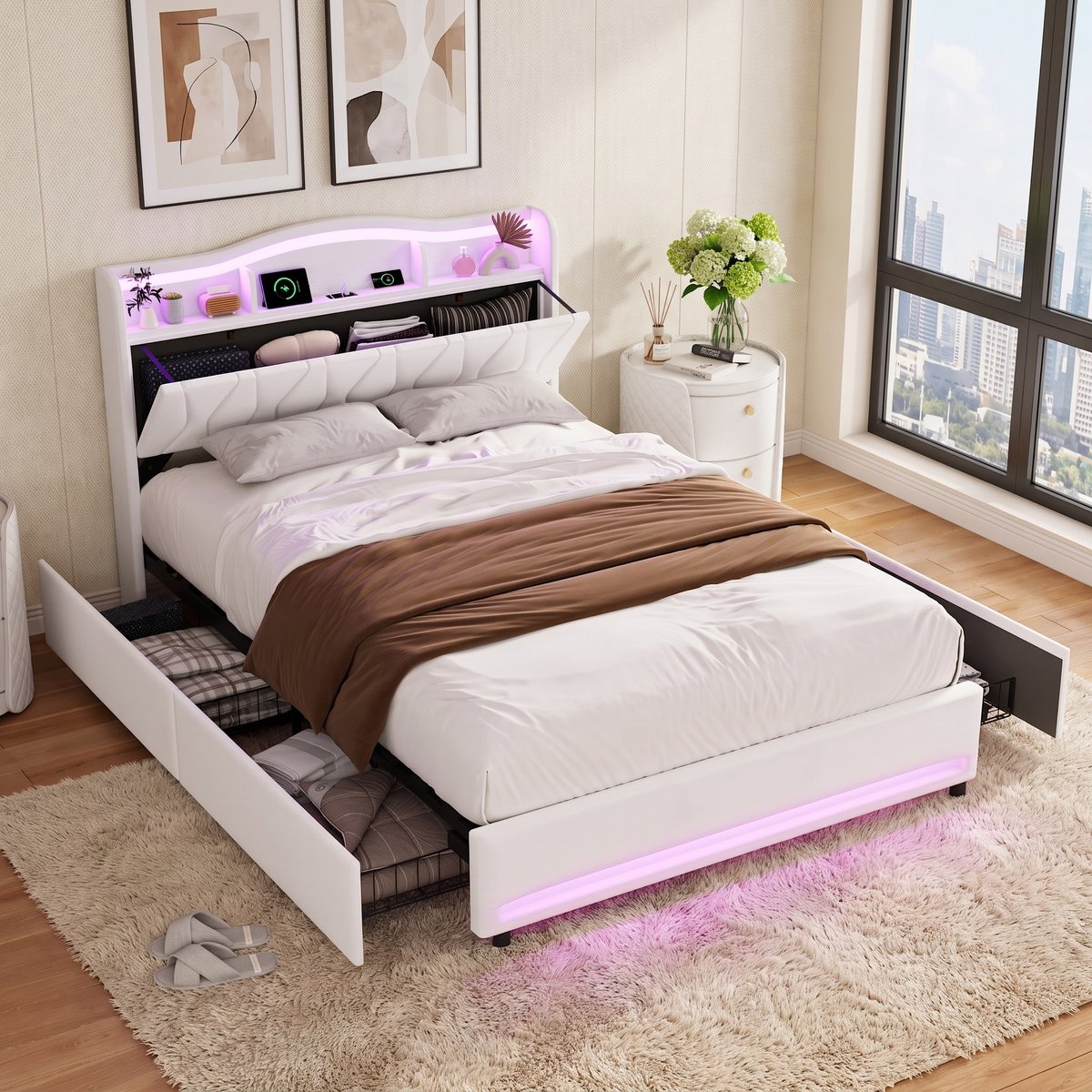 MEXUS Opbergbed 140x200 cm met opbergruimte, Tweepersoonsbed met ledverlichting, USB-poort en 4 lades, Gestoffeerd bedframe 140x200, fluweel Beige