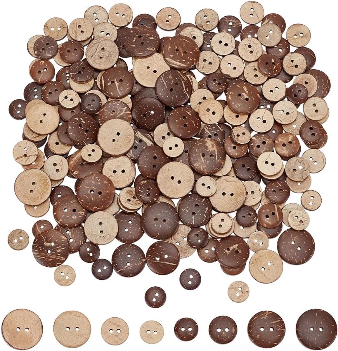 Kokosnootschelp knoppen, 200 stuks, 4 stijlen, 2 gaten, 12,5 mm/15 mm/20 mm/25 mm, bulk, bruin, houten naaien, vervangende knoppen voor naaien, doe-het-zelf ambachten, kleding