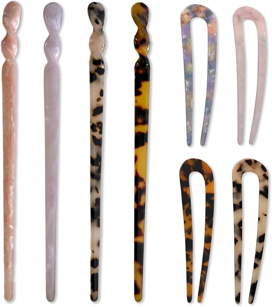 8 Stuks Acetaat Haarspeld Set, Lila Beige Karamel met 2 Maten U-Vormige Haarspelden, Gladde Haarpen van Acetaat met Franse Haarspelden en Retro Haarspeldens voor Knot en Bruiloft