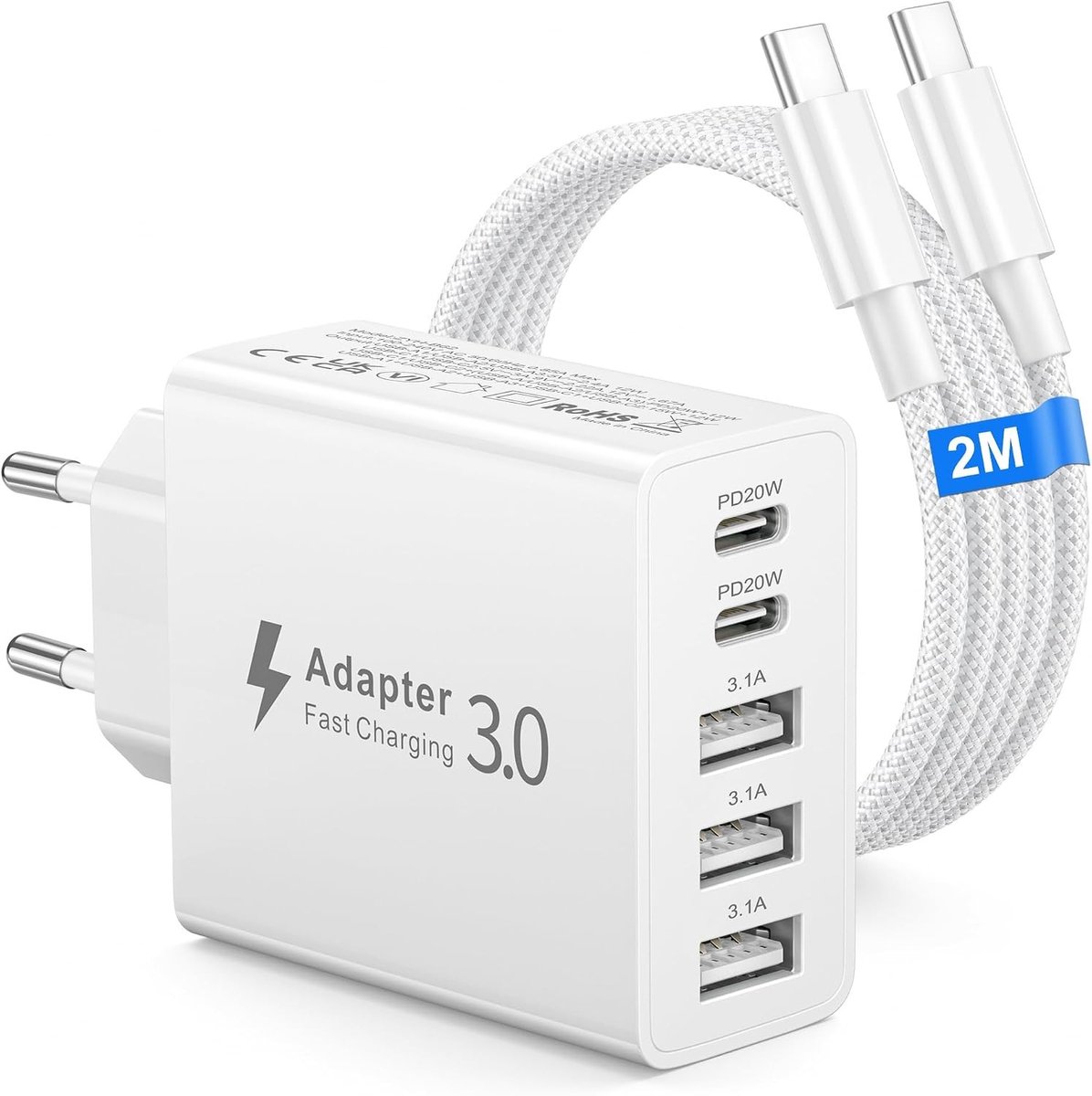 50W 5-Port Snellader met 2 USB-C en 3 USB-A, Multi-Plug Oplader voor iPhone, Tablets en Samsung Galaxy S26