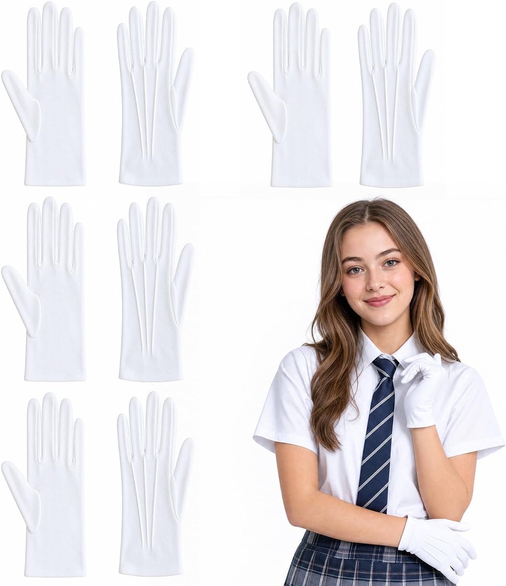 4 Paar Witte Handschoenen | Zachte, wasbare formele handschoenen, 23cm polyester, voor bruiloften, uniformen, optredens, ceremonies, objectbehandeling en inspecties