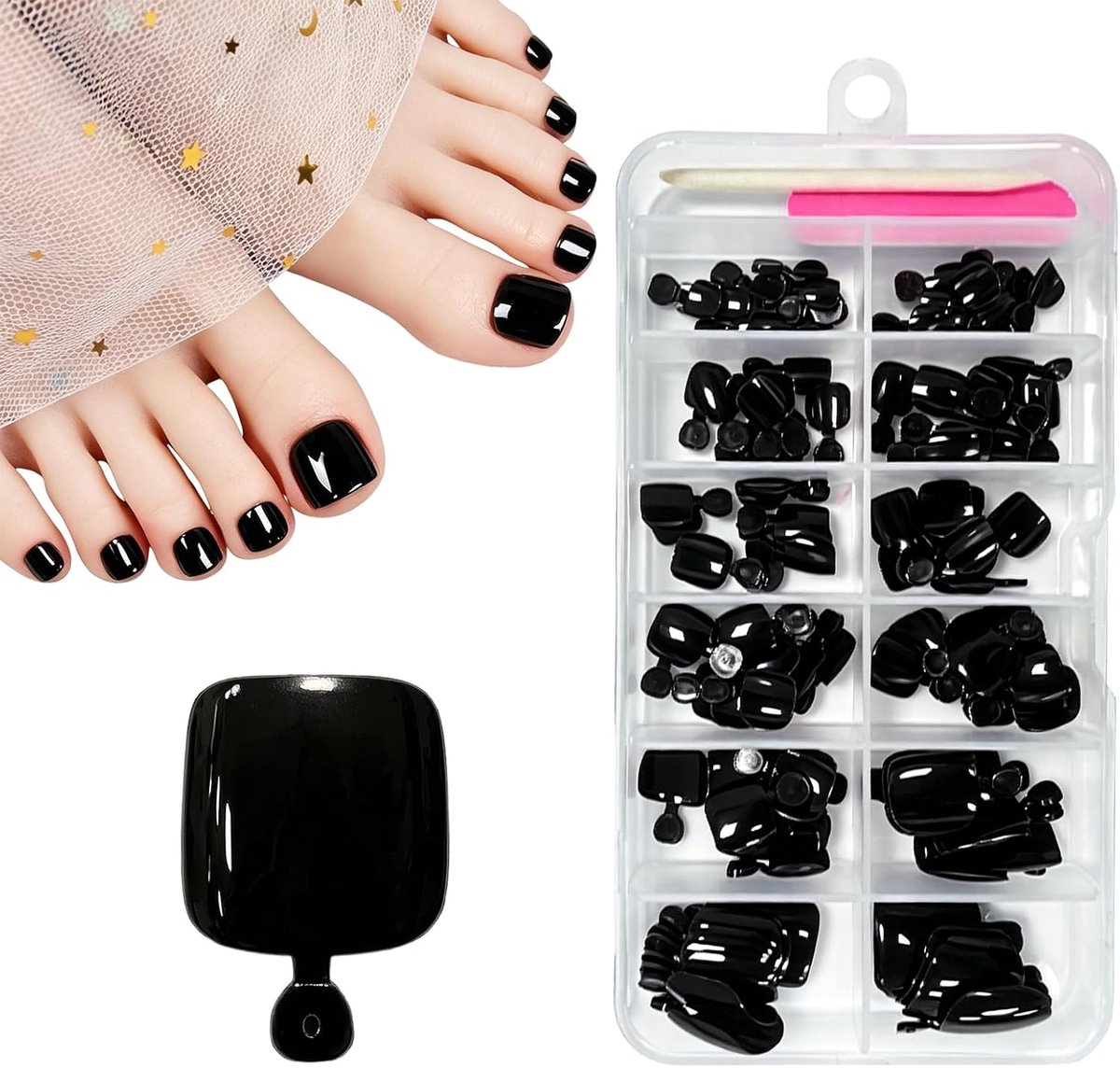 Kunstnagels voor tenen, kort, 120 stuks in 12 maten, vierkant, effen zwart, volledige dekking, opplakteennagels