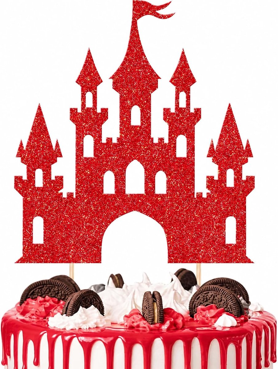 1 stuk slot taartdecoratie, prinses kasteel thema glitter taartdecoratie verjaardagsdecoratie, slot cake decoraties voor verjaardagsfeest, bruiloft, taartdecoraties (rood)