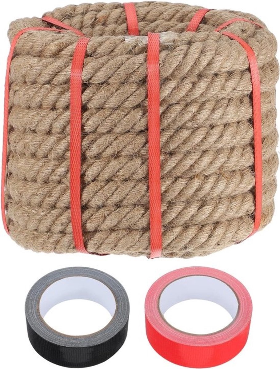 Natuurlijk jute touw 2,5 cm x 100 m dik - zwaar gevlochten voor kunsthandwerk, touwtrekken en landschapsarchitectuur