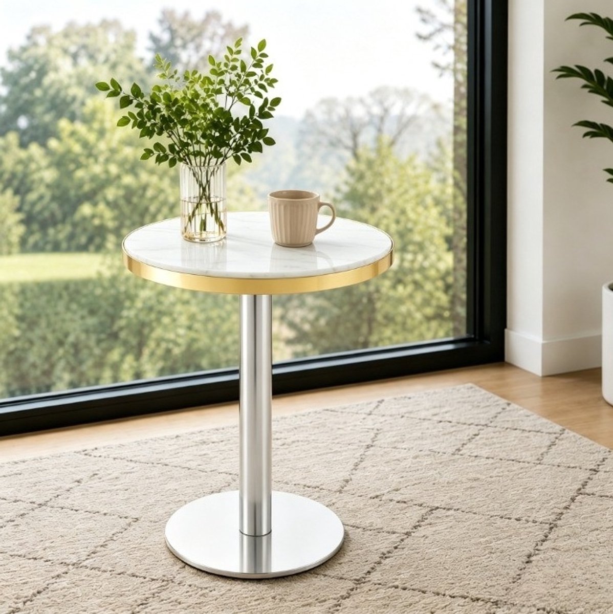 REDOM Bijzettafel - Rond MDF tafelblad met marmerlook - Gouden metalen rand - Metalen middenzuil en ronde voet - Modern - Wit - 60 x 73,7 cm