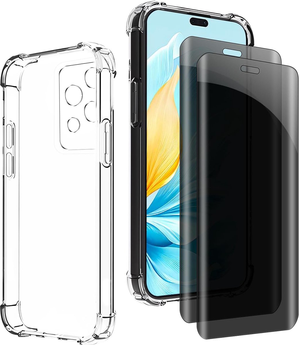 Inkijkbescherming voor Honor 200 Lite, 1 TPU-hoes met 2 stuks pantserglas, 9H glas, anti-spy folie, transparante siliconen beschermhoes, anti-geel, slank