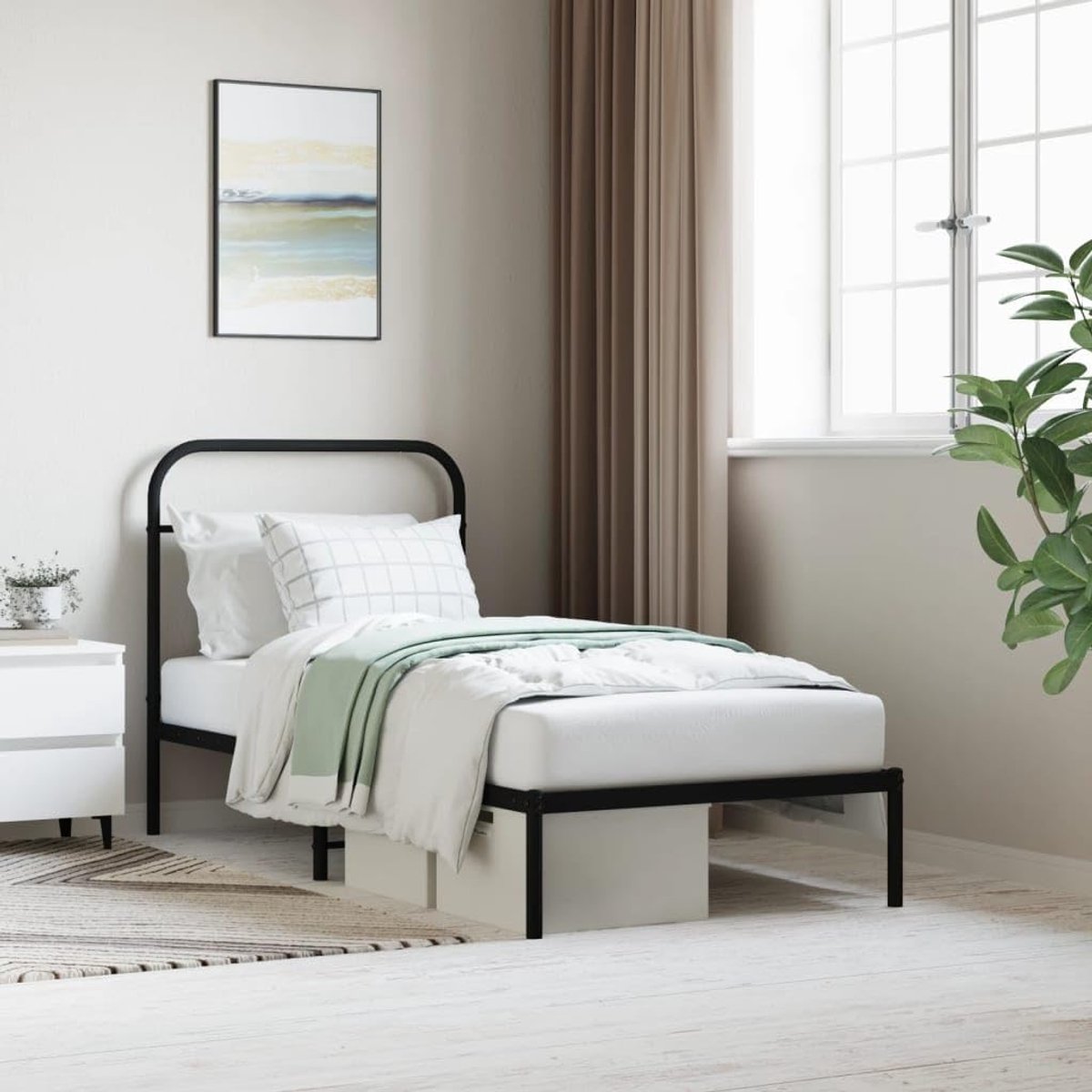 Bedframe met hoofdeinde, metaal, zwart, 90 x 190 cm, bedframe voor woonkamer, slaapkamer, hotelbedframe, geschikt voor slaapkamer