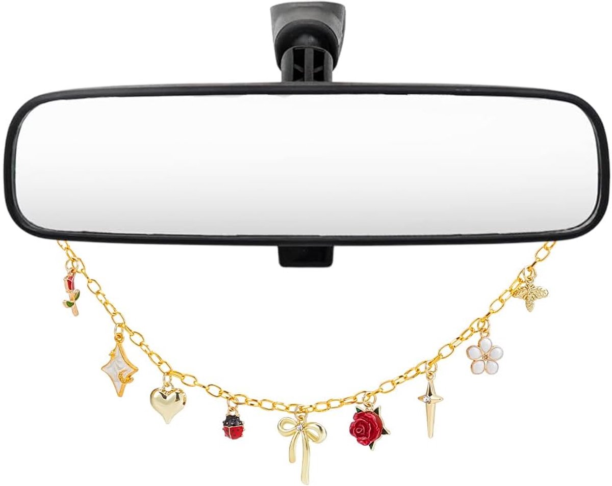 Achteruitkijkspiegel Bedel voor Auto Aluminium Ketting met Leuke Legering Emaille Bloem Boog Hart Hangers Auto Interieur Hanger Decor Accessoires voor Vrouwen Achteruitkijkspiegel Thuis
