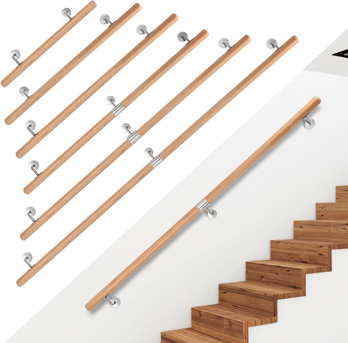 Trapleuning, trapleuning, balustrade, wandleuning met houder, wandtrap, lengte 50-200 cm, voor trappen, gangen, tuintrappen, zolders, lengte: 120 cm