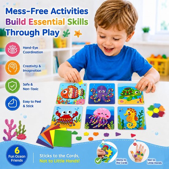 Mozaïekset voor kinderen jaar, 6 kaarten met oceaanthema, creatieve set, EVA-stickers, creatieve activiteit, doe-het-zelf, educatief en reisspel voor jongens en meisjes — afbeelding 4