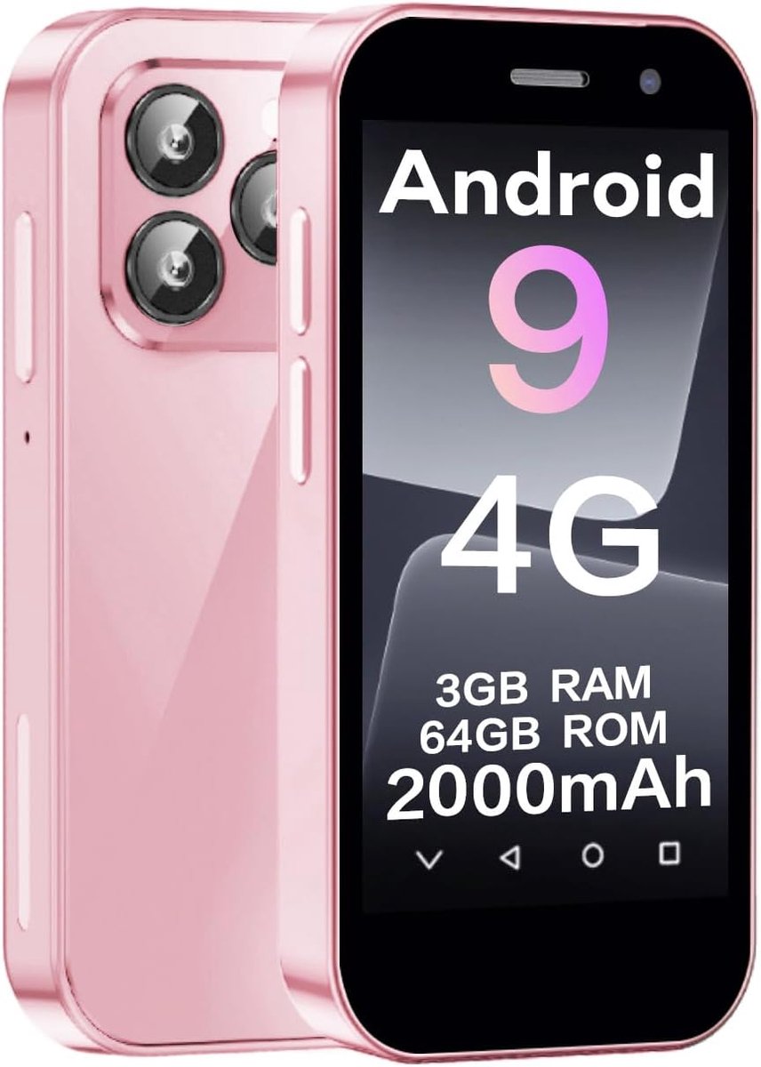 Mini-smartphone voor kinderen, 3-inch scherm, 2000 mAh, 3 GB RAM, 64 GB ROM 2.0 + 5.0 MP, ontgrendelen gezicht, 4G, geen contract, telefoon (roze)