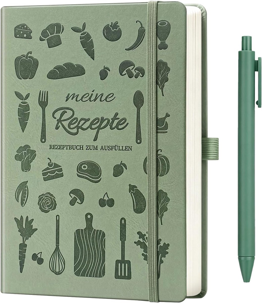Receptenboek voor het schrijven van je eigen recepten A5, Kookboek om je eigen recepten in te vullen, Blanco kookboek met index en inhoudsopgave (Legergroen)