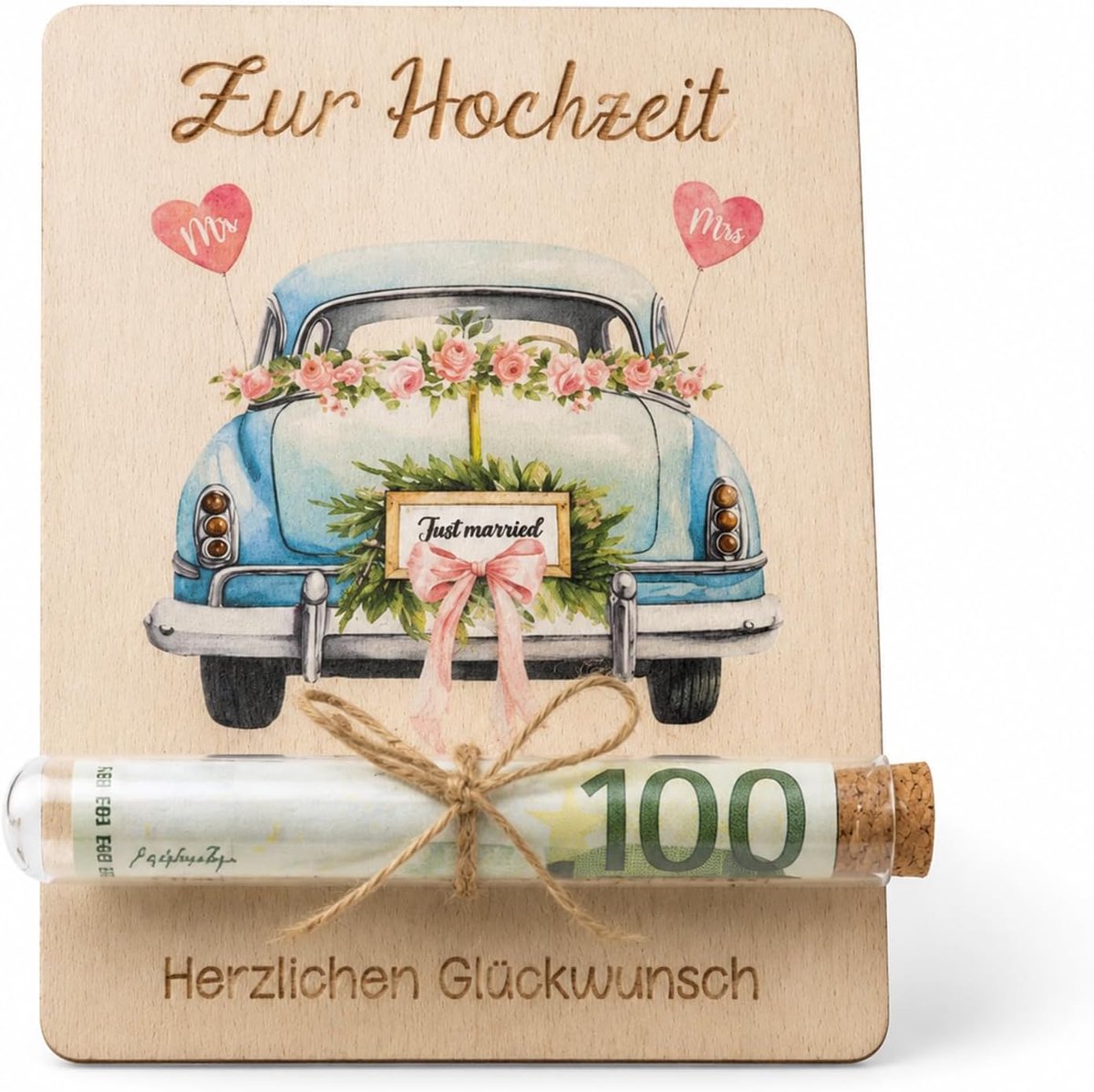 Natuurhout met gravure, geldcadeau bruiloft trouwkaart, bruidspaar verloving jubileum, creatieve wenskaart met jutetouw (A)