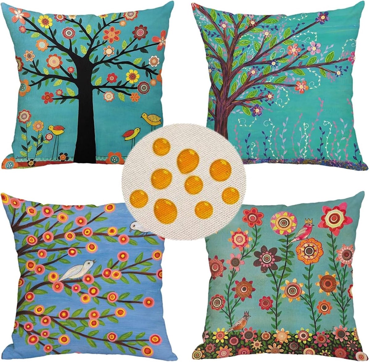 Kussensloop, gekleurde bloemen, kussenhoes, 55 x 55 cm, set van 4, decoratieve kussenhoezen, linnen, bankkussen, luxe kussenslopen voor woonkamer, tuin, outdoor