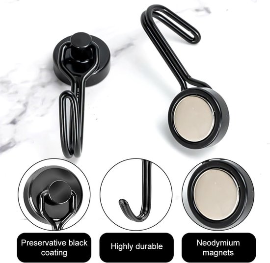 KARELLS 8pcs Black Magnetic Hooks 5kg Magnetic Hooks Black Extra Strong 16mm Rotating Swing, Neodymium Magnet Hooks - ShopVlot — afbeelding 2