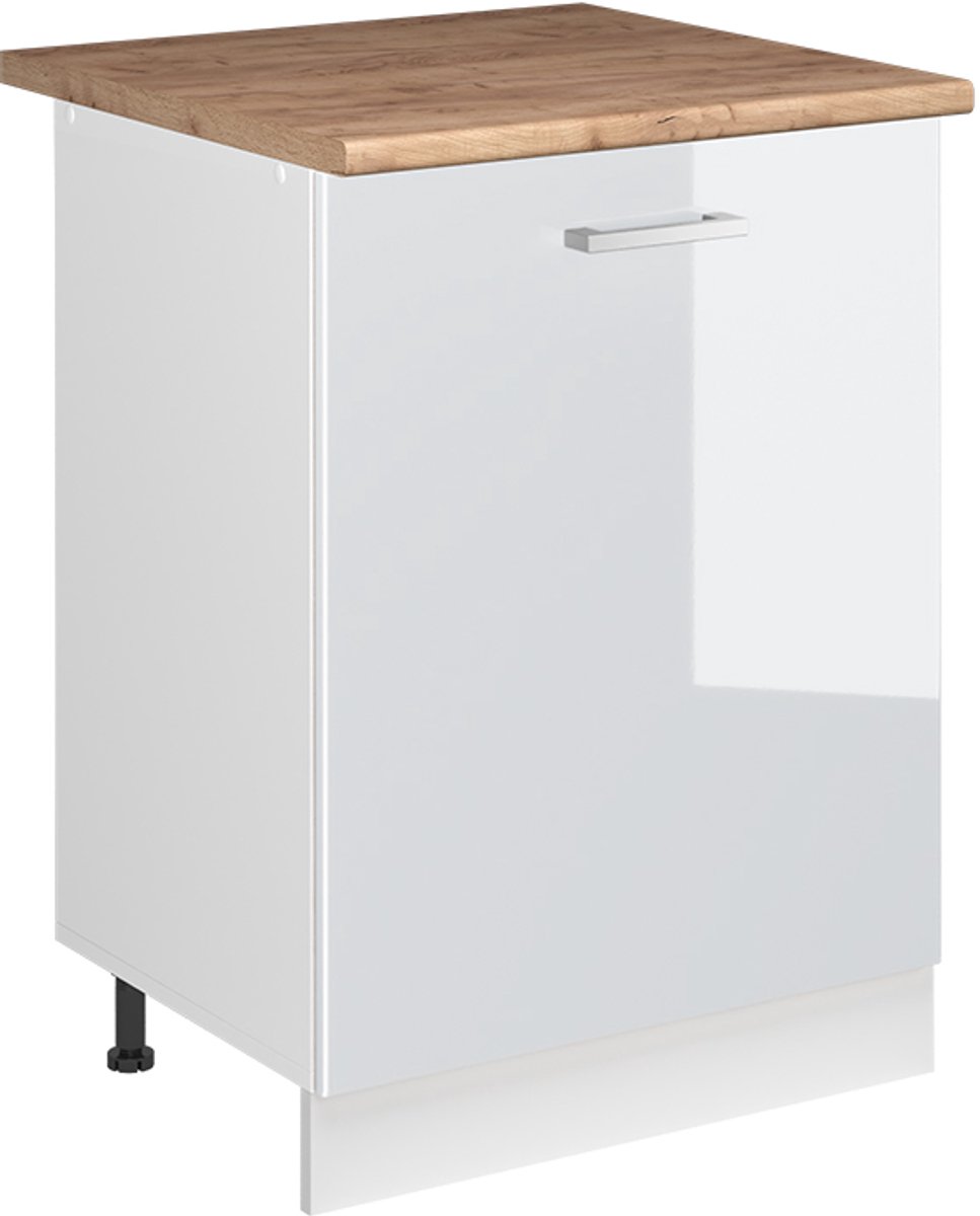 Vicco Keukenonderkast R-Line, Wit Hoogglans/Wit, 60 cm met 1 deur goudkleurig eiken werkblad
