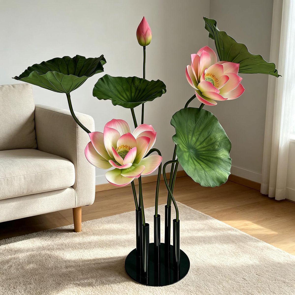 Kunstlotusbloemen arrangement, waterbestendig met bladeren, geschikt voor vijver, zwembad en woonkamer (Kunstlotusbloem met voetstuk)