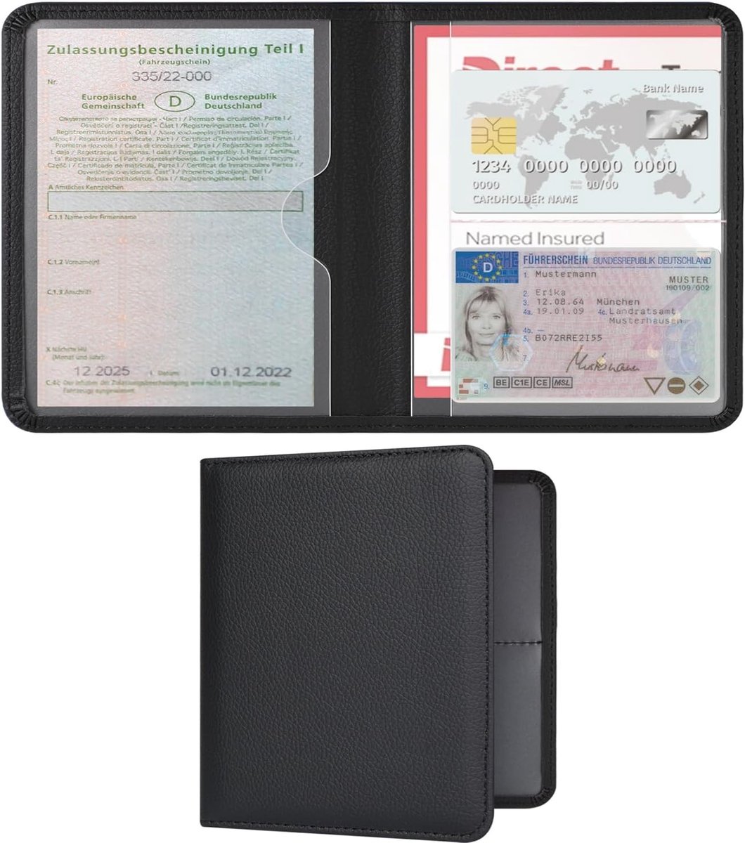 Voertuigregistratie- en verzekeringsmapkoffer - compacte PU-lederen autodocumententas voor handschoenenkastje - registratie, verzekering en rijbewijshouder (zwart)