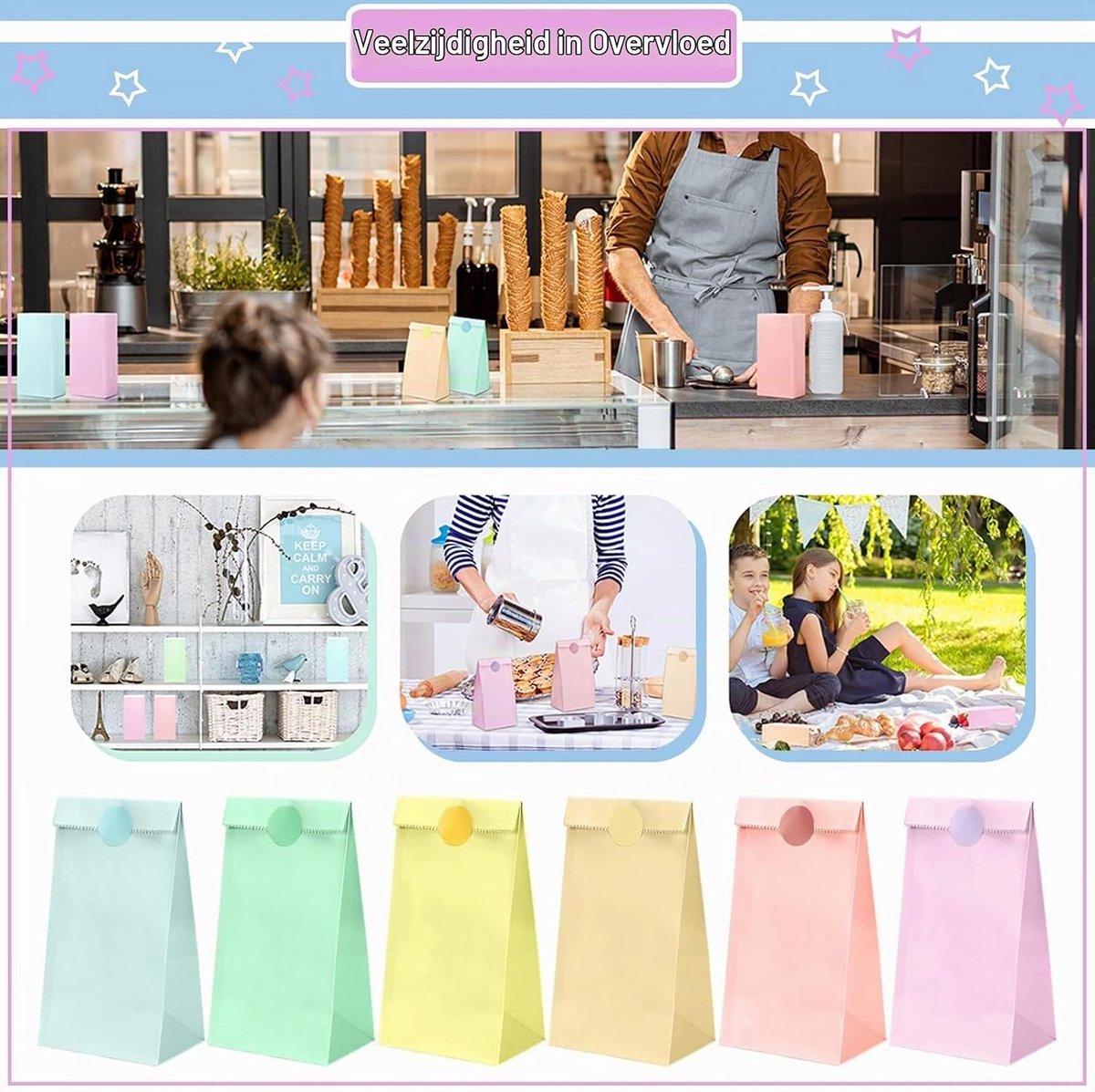 30 Stuks Babyblauwe Papieren Cadeauzakken, Pastel Feestzakken voor Kinderen en Volwassenen, Kleine Verjaardagscadeauzakken met Stickers voor Snoep en Goodies