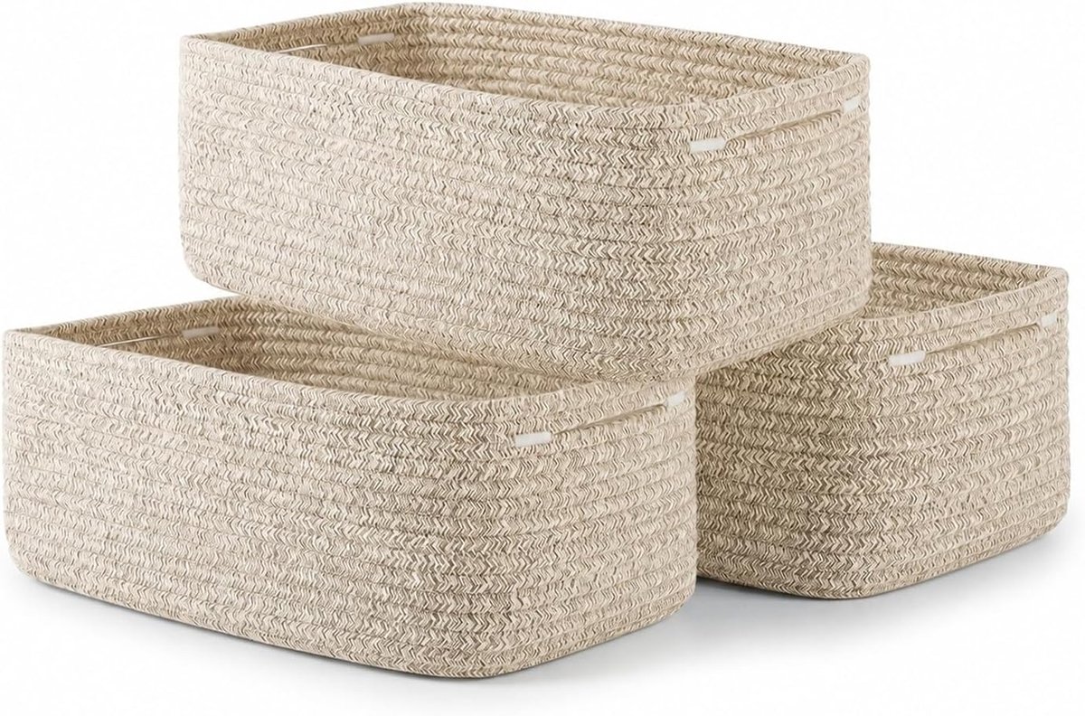 Set van 3 opbergmanden, gevlochten katoenen touw, 33 x 20 cm, opbergmanden met handgrepen, stapelbare, multifunctionele organizer, gevlochten mand voor opbergkubussen (linnen)