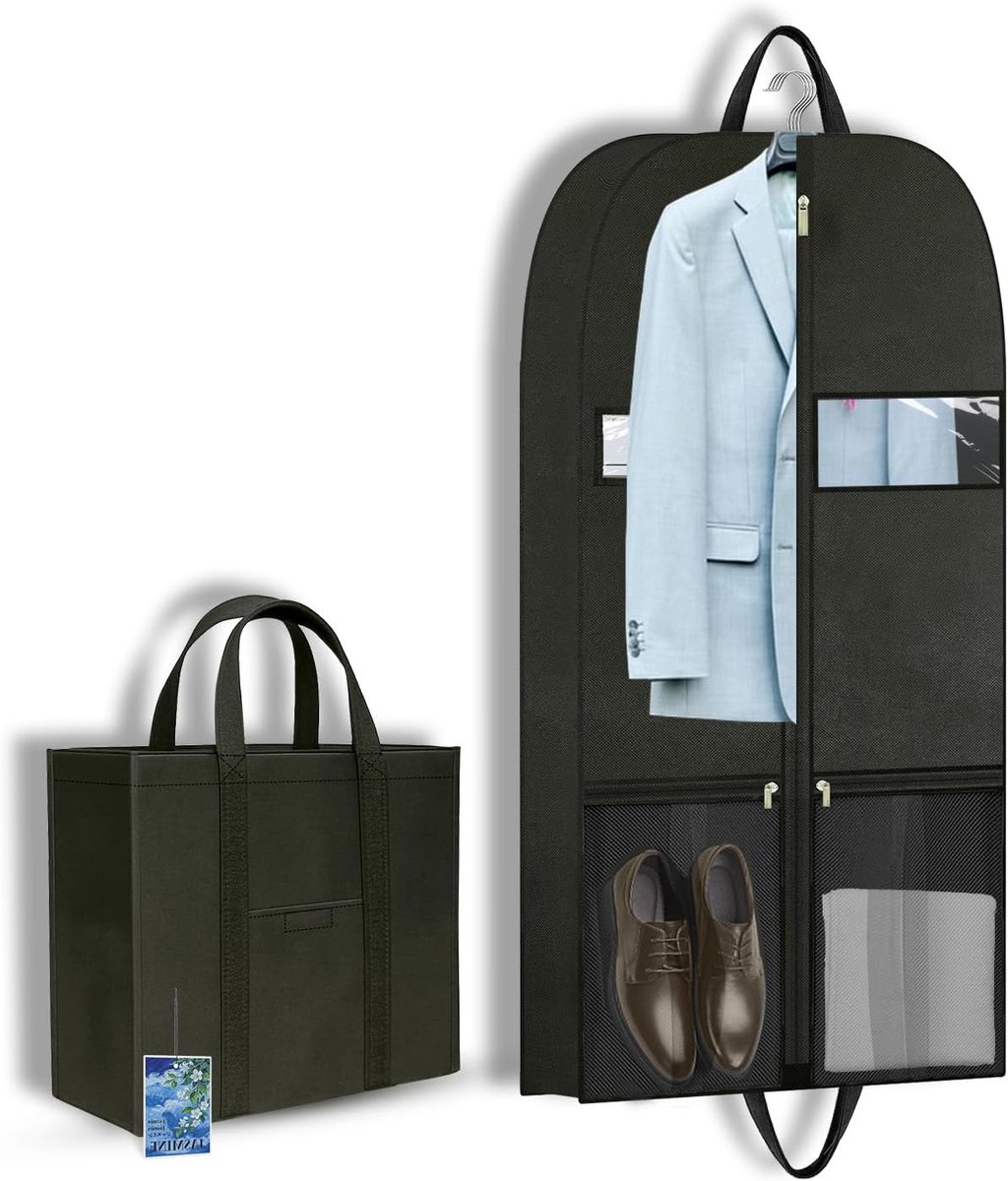 Kledingzak Kort – Ademende kledinghoes voor pak, jas & overhemd, kostuumtas voor reizen & opslag Met handgrepen en zakken, kledingbeschermhoes met ritssluiting 109x60cm, Zwart
