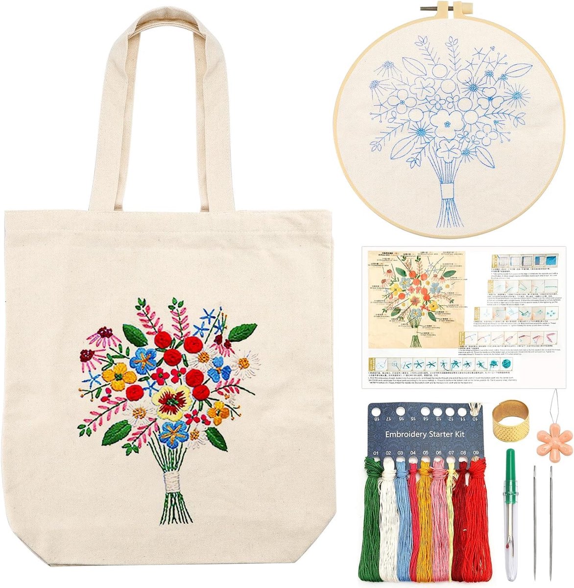 Borduurset voor beginners, bedrukt canvas, tote bag borduurset, complete set met gekleurde draden en handborduurgereedschap