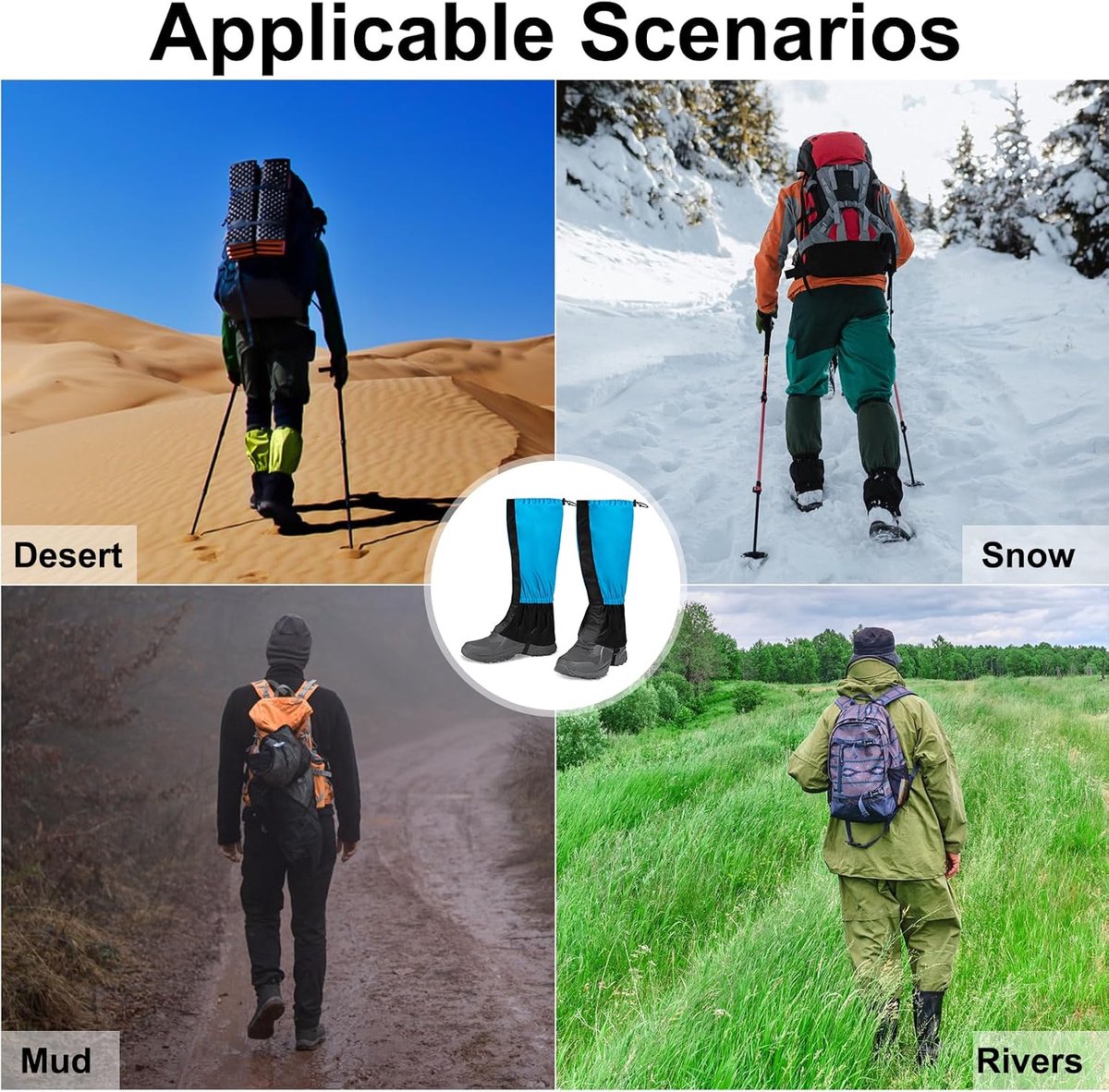 Beenkappen, waterdicht, verstelbaar, ademend, voor sneeuwwandelen, klimmen, trekking, skiën, 1 paar (blauw en zwart)