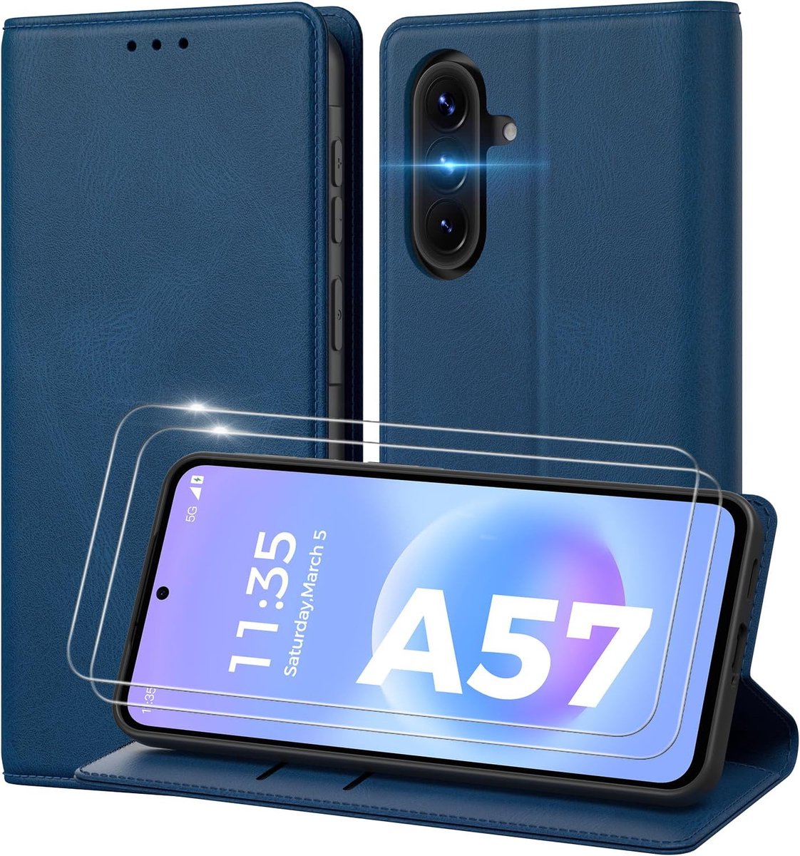 Beschermhoes voor Samsung Galaxy A57, [gehard glasbescherming*2], [RFID-signaalblokkering] [PU] [Portemonneevak] Klaphoes voor Samsung A57, blauw