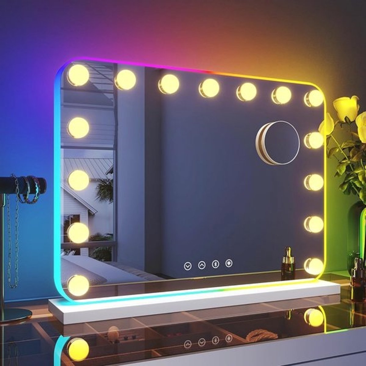 Hollywood-make-upspiegel - RGB-verlichting en vergrootglas - 58 x 43 cm - Wandgemonteerd en vrijstaand