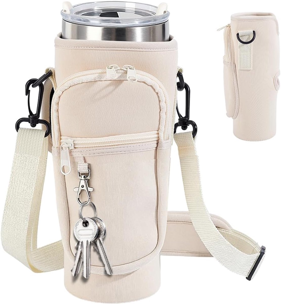 2 stuks waterfles draagtas met telefoonzak verstelbare riem 40 oz Thumbler Neopreen Sport Water Fles Houder Pouch met 3 Pocket Zachte Spons Padding voor Wandelen Wandelen Camping Cream