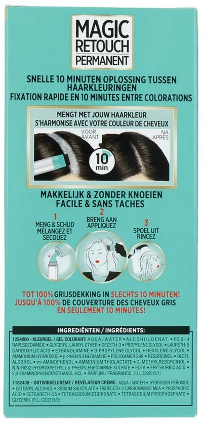 Magic Retouch Permanent, snelle 10 minuten haarkleuring voor grijze haren met applicatie stappen.