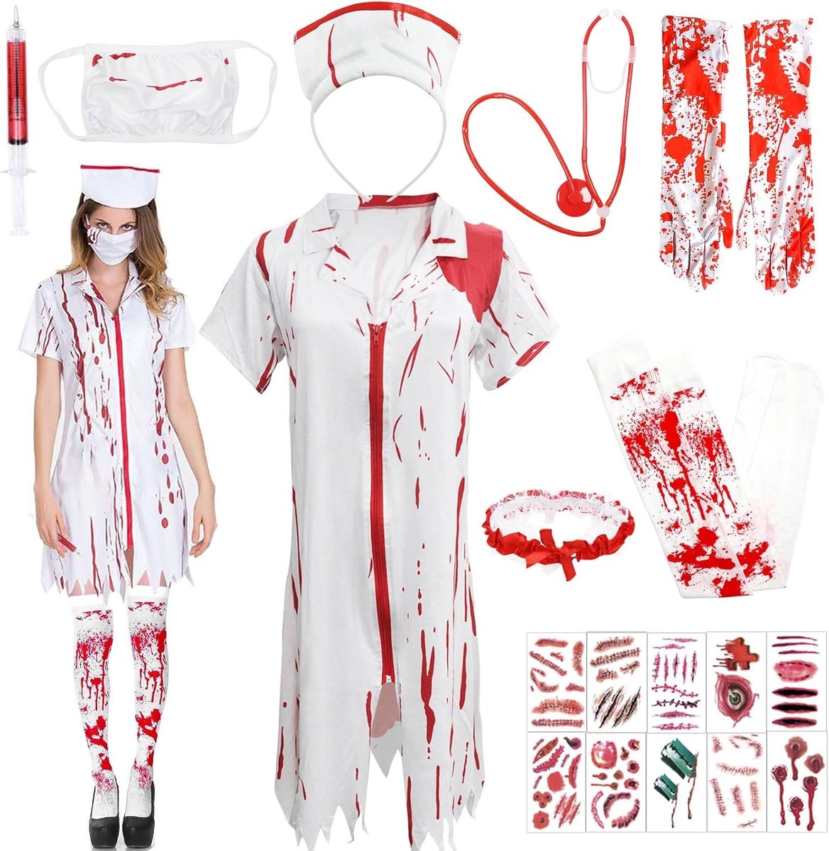 9-delig verpleegster kostuum voor Halloween, griezelige zombie outfit voor vrouwen, bloedvlekken horror kostuum, accessoires voor feest, carnaval en cosplay