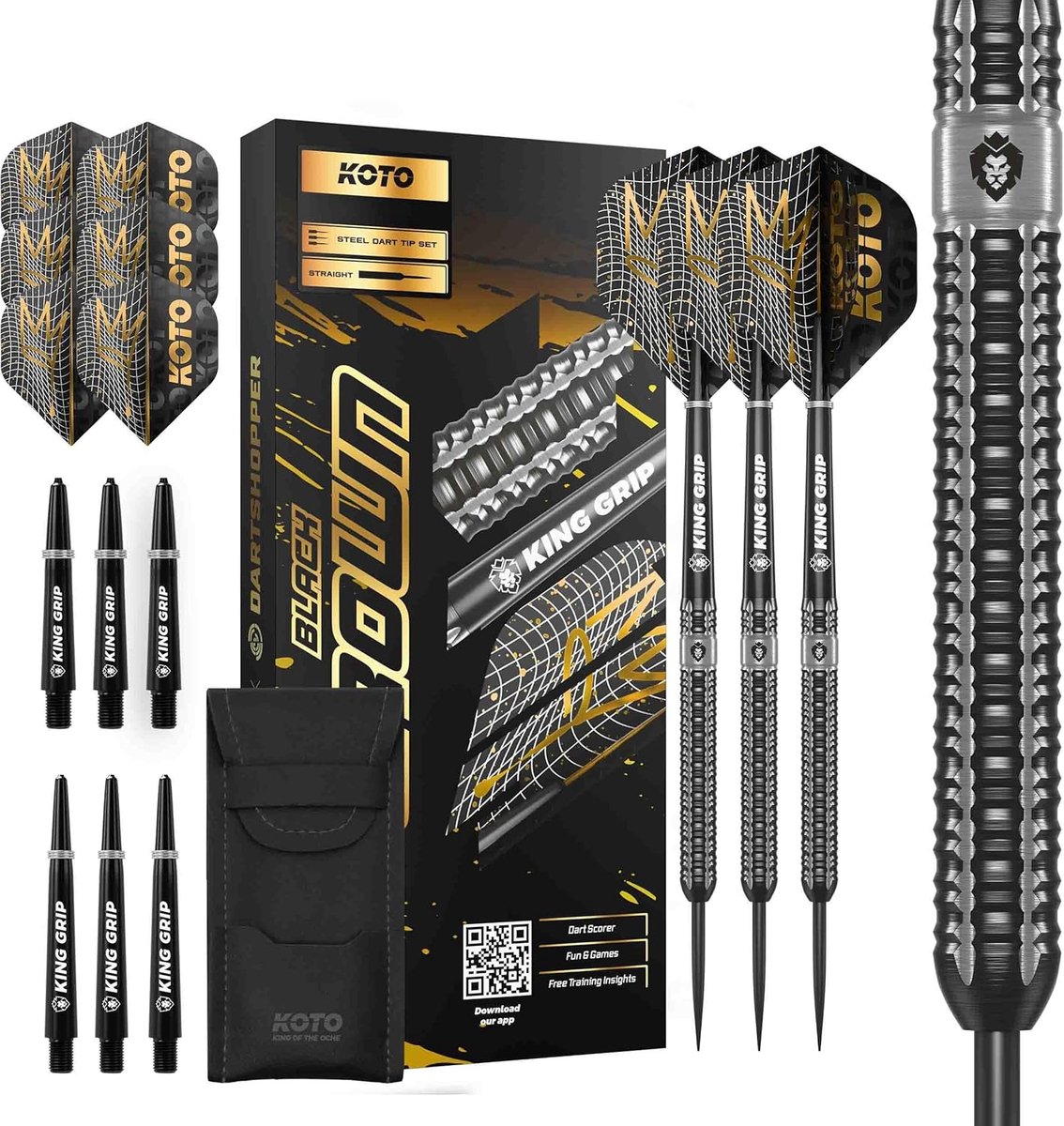 KOTO - Black Crown 90% Darts 23g, Dart Arrows, Black & Silver, Darts Set Incl. 3 Barrels, KOTO Flights + Shafts & - ShopVlot