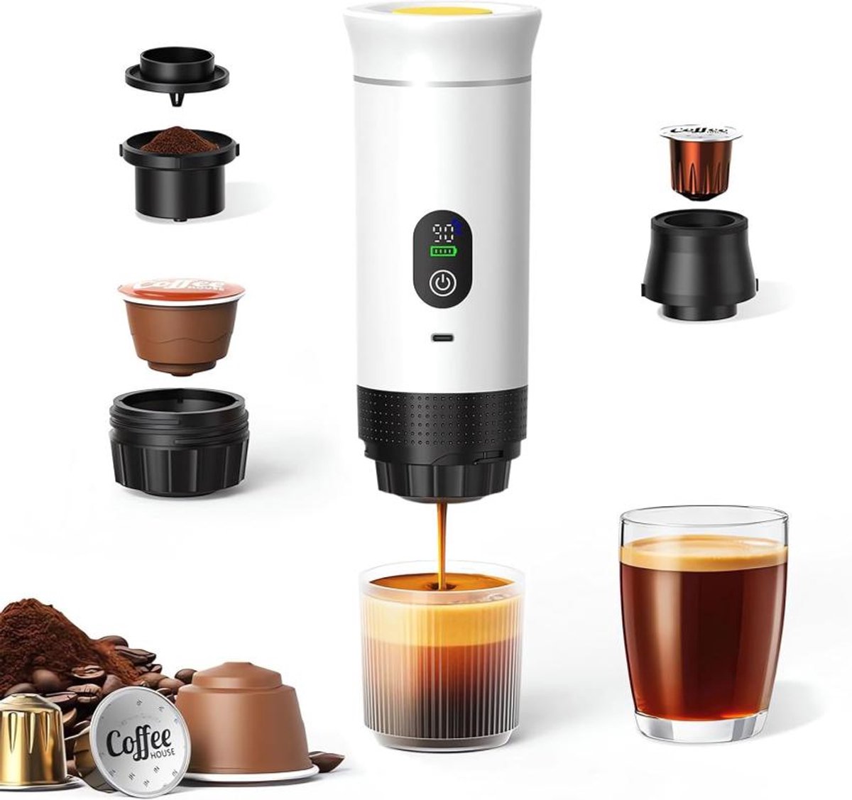 3-in-1 Koffiemachine - Draagbare Koffiemachine - Geniet Altijd en Overal van Koffie - Elektrische Espressomachine - Digitaal Display - Snel - 80 ml - 8,35 x 8,35 x 24,55 cm - Wit