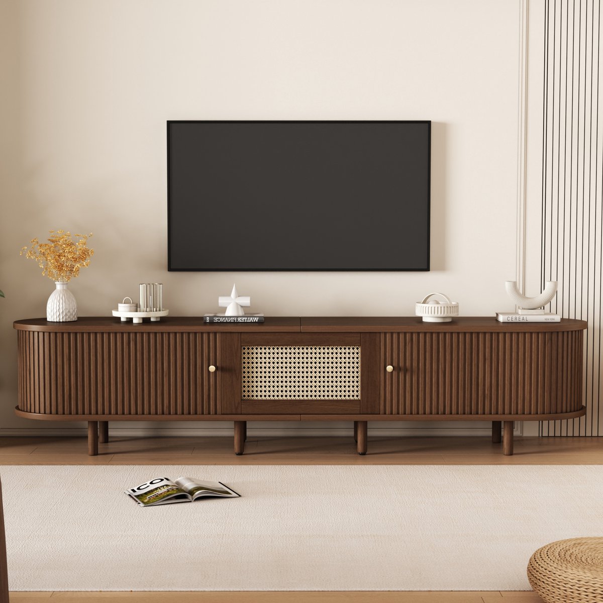 WUVRIE TV-meubel 180x40x40 cm - 1 lade, 2 schuifdeuren en verstelbare poten - Donker walnootkleur