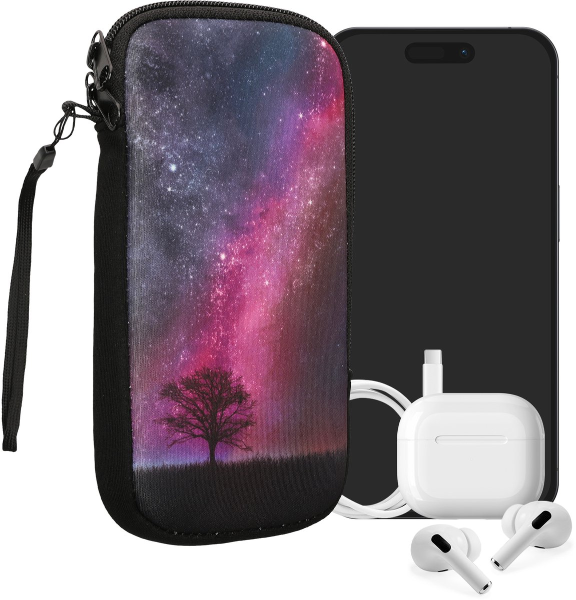 kwmobile hoesje voor smartphones XXL - 7" - hoes van Neopreen - Sterrenstelsel en Boom design - roze / donkerblauw / zwart - binnenmaat 17,7 x 8,5 cm