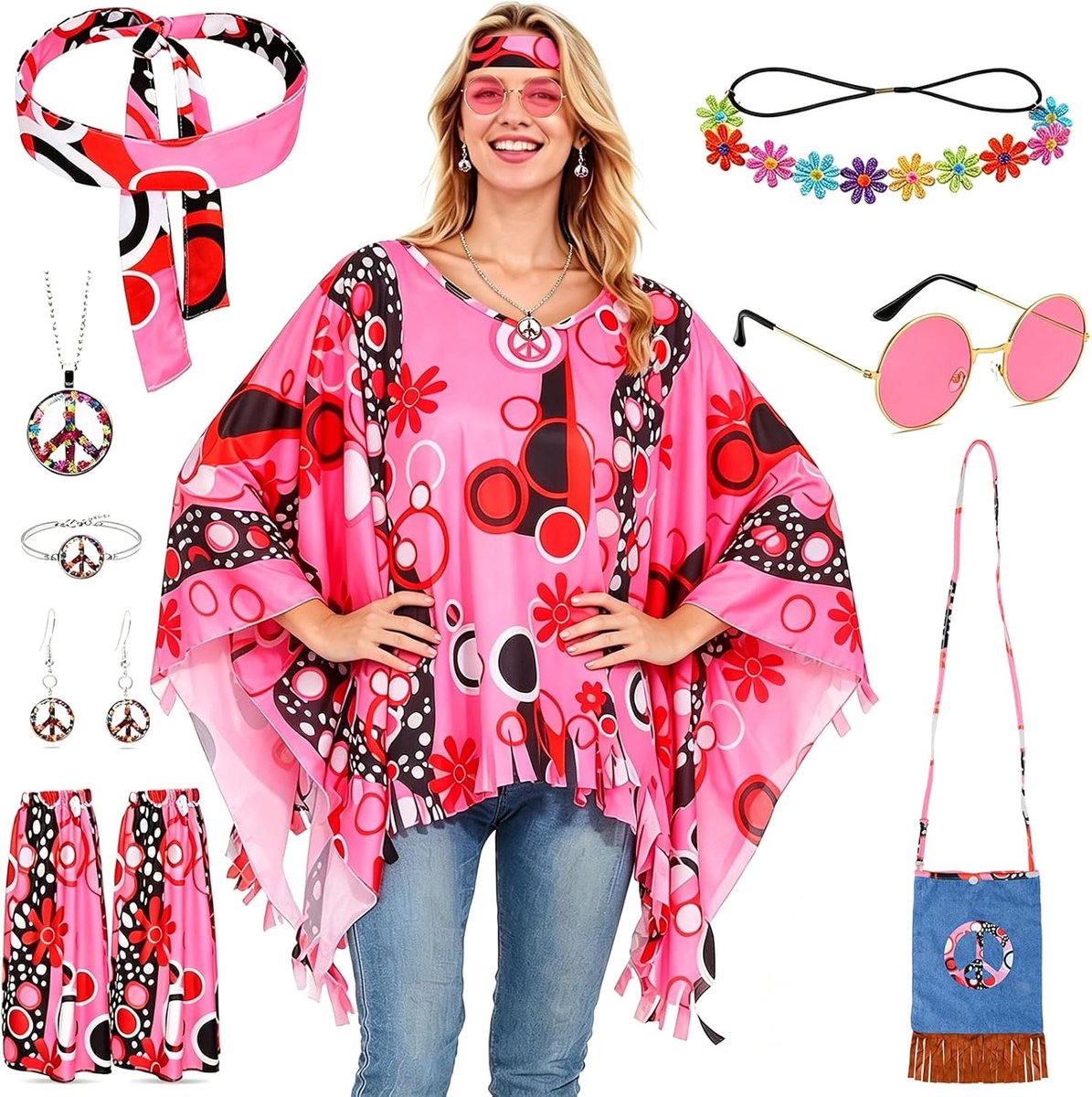 Hippiekostuum voor dames, 9-delig carnavalskostuum voor dames met hippie-cape, haarband, bloemen, schoudertas, zonnebril, hippiekostuum jaren '70 voor feestjes, carnaval