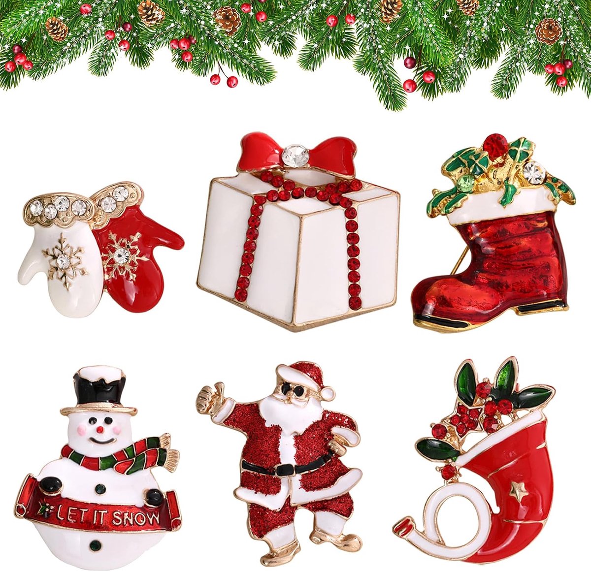 Set, 6-delig met kerstman, sneeuwpop, rendier, bel, feestelijke sieraden voor kerstjurk, cadeau en decoratie