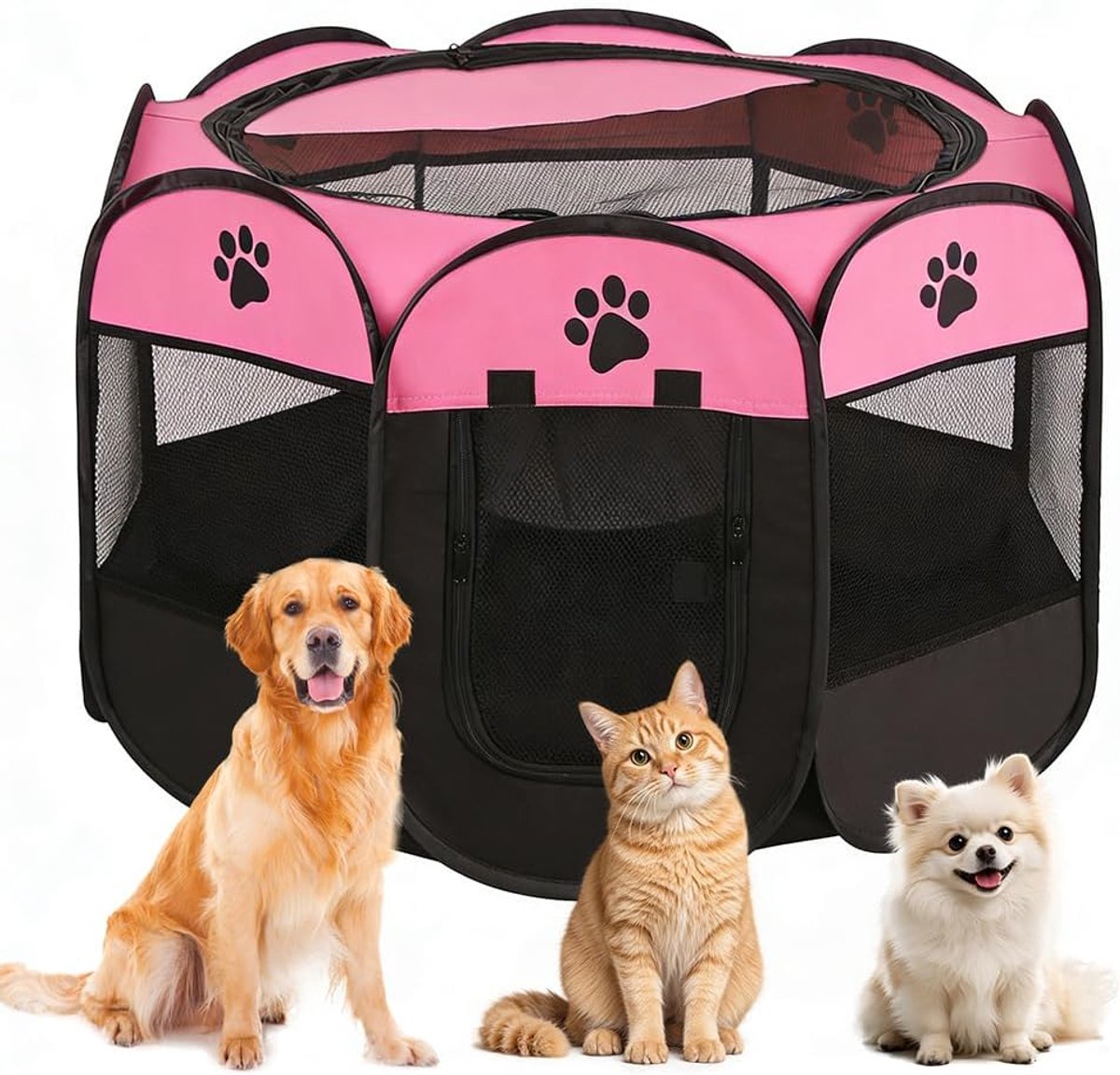 Hondenkooi voor woning, XXL dierenren, puppyuitloop, buitenverblijf, kattenverblijf voor kleine dieren zoals honden en katten (rozenrood + pootafdruk)
