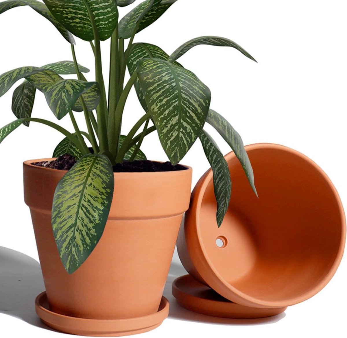 Vensovo Kleipot van 20 cm voor plant met schotel - 2 stuks grote terracotta plantenpot met afvoergat, kleiplantenpot, terracotta pot voor binnen en buitenplant