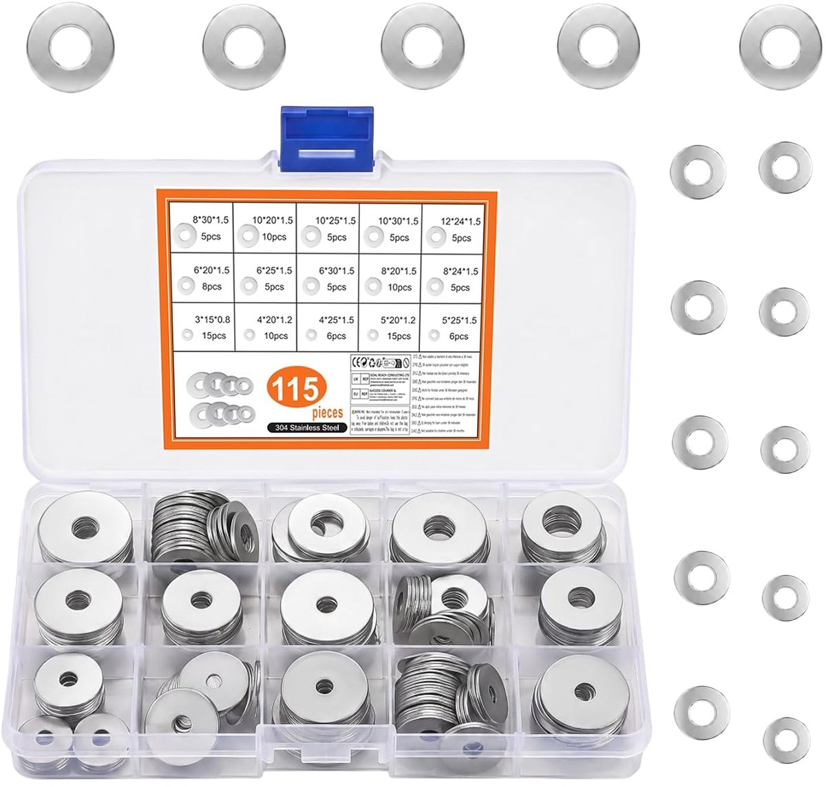 Platte sluitringen, 115 stuks - Roestvrijstalen sluitringen, platte afstandhouder, veiligheid voor - ShopVlot