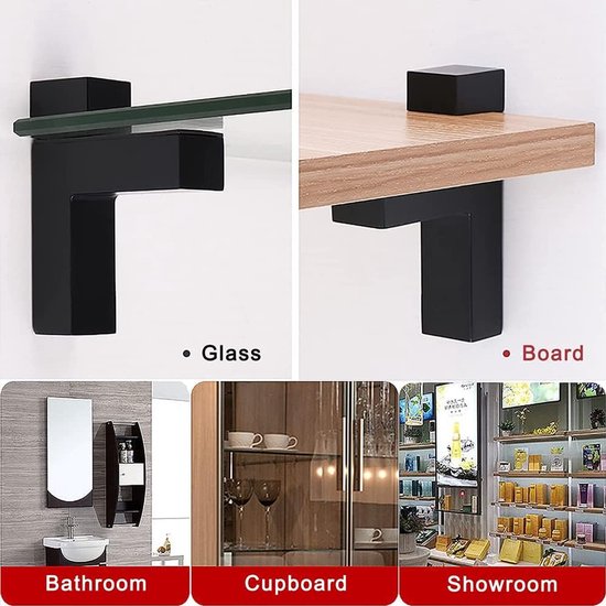 Set van 2 Verstelbare Glazen Plankhouders, Wandmontage voor 2-38mm Dikke Glazen en Houten Planken, F-Vorm, 98 x 75 mm (Zwart) — afbeelding 5