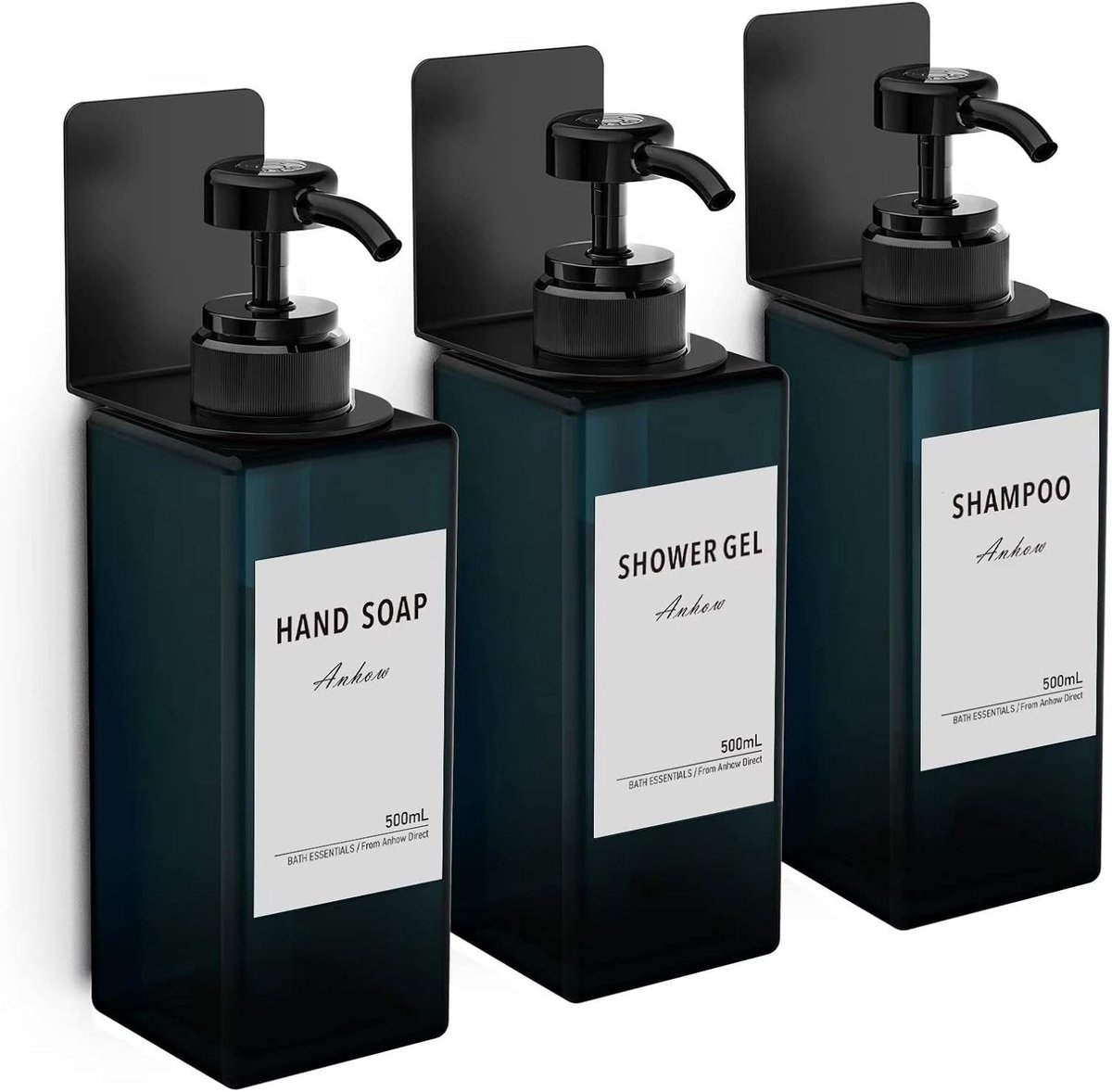 Drie delige wandzeepdispenser met 500ml capaciteit, zonder boren, inclusief 16 labels voor keuken, badkamer en douche - Blauw