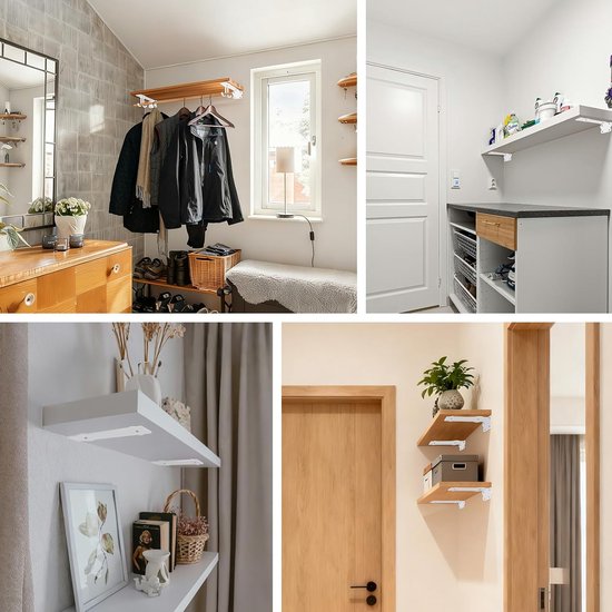 L-vormige planksteunen 20 cm, 2 paar witte steunen met 4 dubbele haken, ideale oplossing voor DIY projecten en wanddecoratie thuis — afbeelding 5