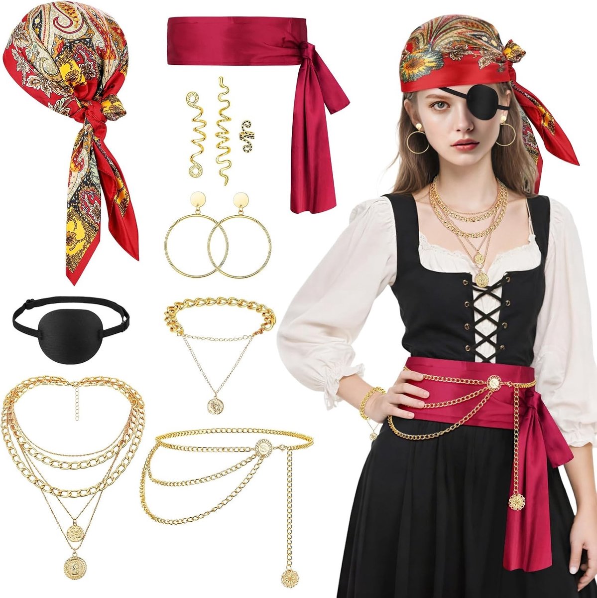 Piratenkostuum voor Vrouwen met 10 Stukken, Inclusief Hoofddoek, Oorbellen en Ketting voor Halloween en Cosplay Feesten